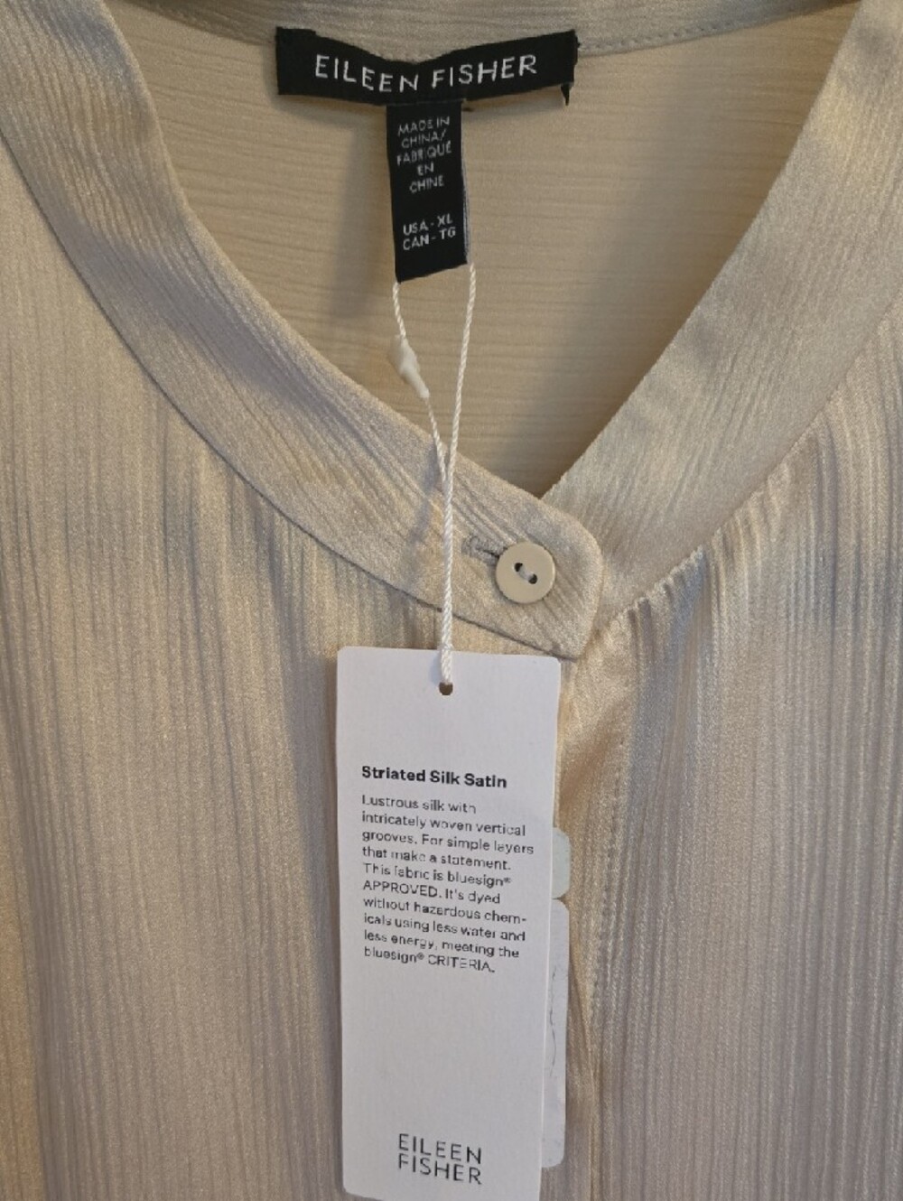 Eileen Fisher Silk Satin Mandarin Collar Button-Down Blouse in Cream - Picture 2 of 6